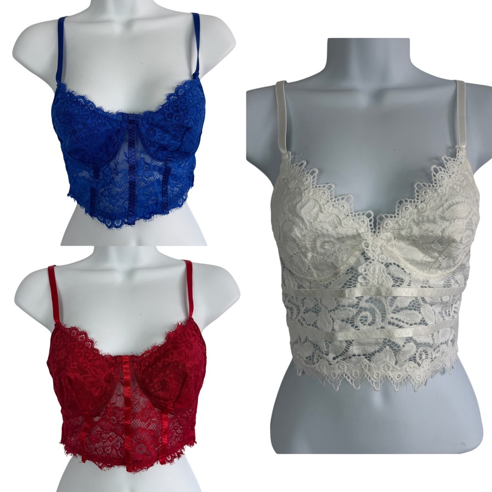 Lot‎ of 3 Lace Corset Bralette Blue Red White Floral Sheer Bustier Small Boho